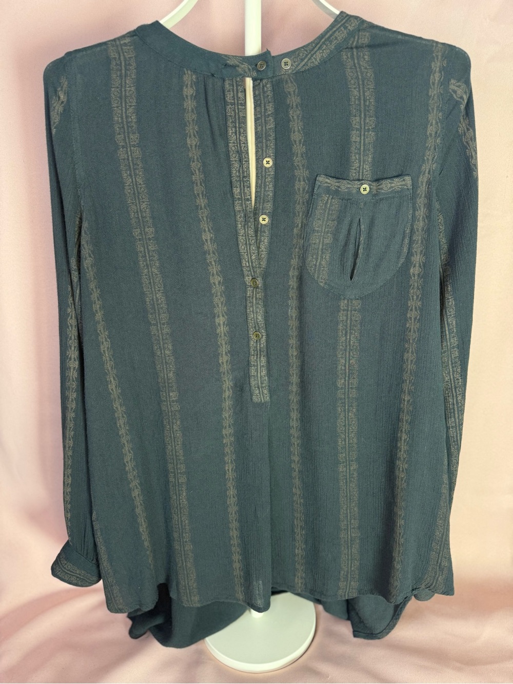 Free People - Dark Green/Grey Striped Lightweight Peasant Blouse - Size S